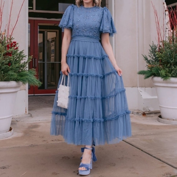 Ivy City Co Dresses & Skirts - Ivy City Co Blue Anastasia Tiered Beaded Embellished Tulle Maxi Dress Formal
